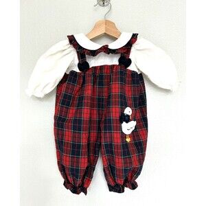 Vintage 90s Christmas Red Black Plaid Velvet Bow Goose Romper 12- 18 Months